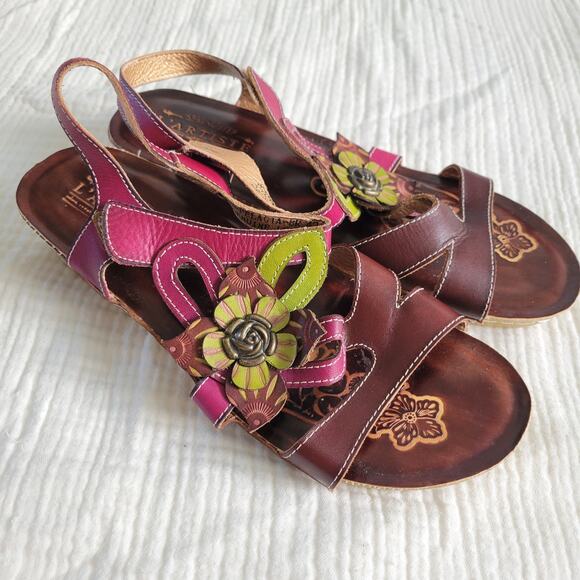 L'Artiste Womens EU 42 US 10 Tooled Leather Sandals Floral Pink Brown Green - Picture 1 of 10